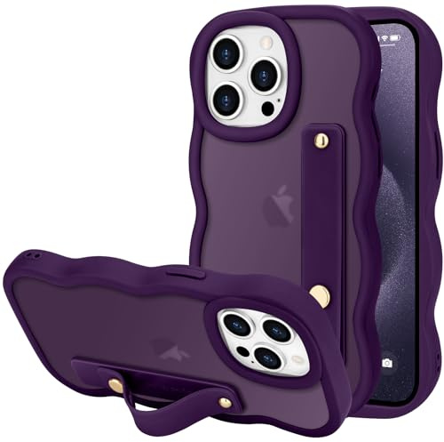 LLZ.COQUE for iPhone 15 Pro Max Case, Curly Wave Frame with Adjustable Hand Strap Stand Phone Case, Translucent Matte Back Anti-scratch Shockproof Bumper Cover for iPhone 15 Pro Max, Dark Purple