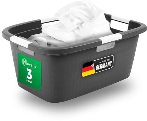 Novaliv 3 Stück Wäschewanne mit 4 Griffen 40L Anthrazit, Wäschebox Set Wäscheeimer Wäschebehälter für Bad Wäsche Schmutzwäsche, Wäschewannen Laundry Basket Haushalt Korb Sammler Box