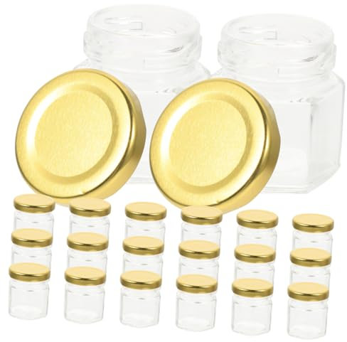 PHENOFICE 20pcs Small Honey Jar and Syrup Container Glass Pots Gold Lids, 45ml Sealed Hexagonal Glass Storage Jars for Kitchen and Home Honey Dispenser
