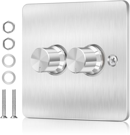 220V-240V Double Dimmer Light Switch, 2 Gang 2 Way Trailing Edge Switch | Stepless Dimming, No Noise, No Flicker, 5-200W Push ON/Off Rotary Dimmer for Dimmable LED/Halogen/Incandescent Lights, Silver