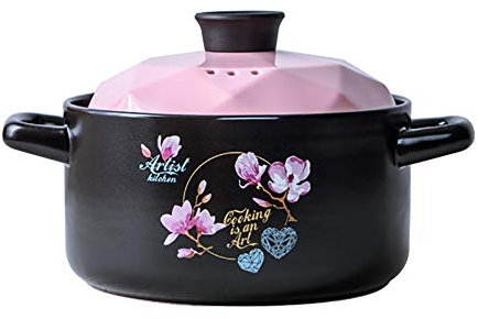 Casserole Dishes with Lids Ceramic Clay Pot Binaural Casserole Dish With Lid Cookware Flower Decoration Round Earthen Pot High Temperature Resistance Casserole Dishes (Pink 3L