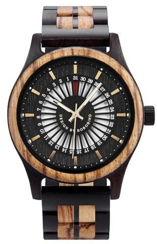 BOBO BIRD Natural Wooden Watch Collection with Minimalis Date Display Stylish Minimalist Design Wood Band Watches, Black, Casual