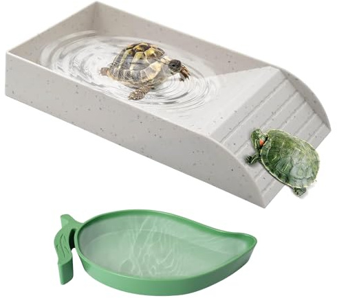 CaiYuanGJ Baignoire pour Reptiles, 2 Pièces Gamelle à Eau pour Tortue, Baignoire pour Reptiles avec Rampe, Bassin De Bain pour Tortue avec Bol, pour Animaux De Compagnie Rampants, Lézards (Blanc)