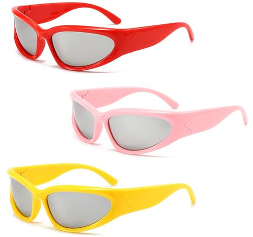FOSDICK 3 Pièces Lunette Techno, Futuriste Lunettes de Soleil Femme Homme, Y2K Enveloppant Lunettes Techno, Mode Lunette de Soleil, Rave Glasses, Sunglasses Men Protection UV400
