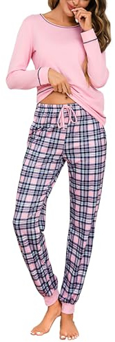 Litherday Pyjama Femme Hiver Chaud Ensemble de Pyjama Femme Coton à Manches Longues 2 Pièces Hiver Tenue de Nuit avec Poches