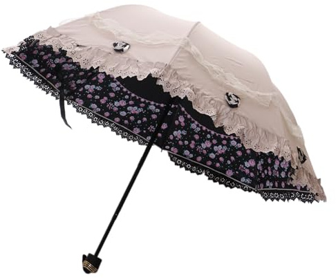 Kawaii-Story Schirm-006 Vintage Spitzen-Regenschirm, Faltbar, Viktorianischer Stil, Elegante Rüschen, Schwarz-Weiß mit Blumenmuster (006-1 beige)