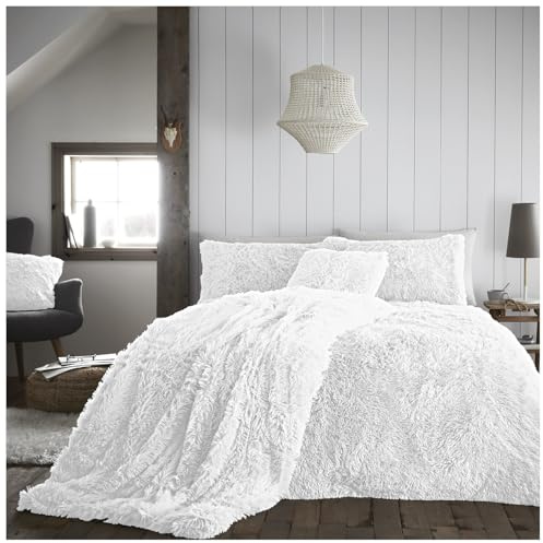 GC GAVENO CAVAILIA Luxury Long Pile Faux Fur Double Duvet Set, Cosy Warm Hug & Snug Thermal Bedding Set Fleece Quilt Cover Wth Pillowcases, White (Hugg & Snug-White, Double)