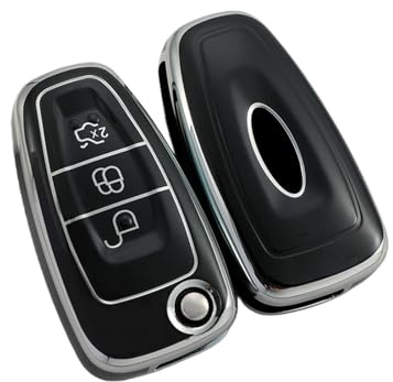 Jetoday TPU Autoschlüssel Hülle für 3-Tasten Klappschlüssel, kompatibel mit Ford Fiesta & Focus, Schlüsselhülle mit Stoßschutz (Schwarz Silber)