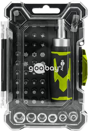 goobay Set di cacciaviti da 43 pezzi, cacciavite a cricchetto corto, supporto magnetico in acciaio S2, set di chiavi a bussola, strumento per lavori di montaggio, riparazione e fai da te