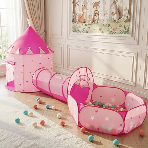 SISTICKER Kinderzelt Spielzelt Spieltunnel mit Bällebad: 3-in-1 Spielzelt Krabbeltunnel mit Bällebad Zelt Baby Kinder Indoor(Ohne Bälle) - Weihnachten Spielhaus Burg für Jungen Mädchen(Pink)