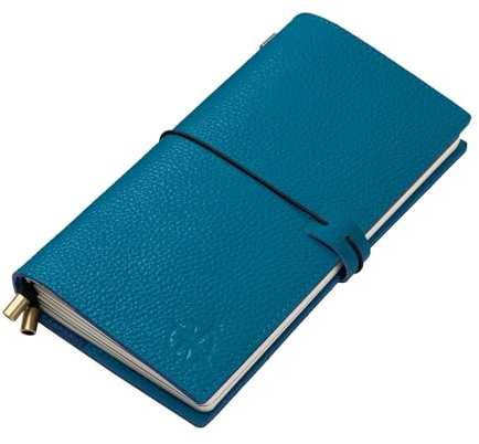 WANDERINGS Regular Size Travelers Notebook with Pockets - 4.5x8.5 / 11.5cm x 22cm - Refillable Travelers Journal - Beautifully Handcrafted, Blue Leather Journal, includes 100 GSM Blank Inserts