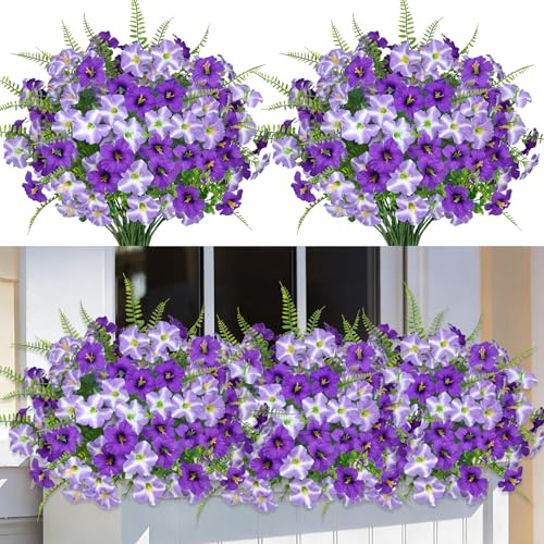 9 Bundles Artificial Plants Fake Purple Petunia Flowers for Outdoor Decor | UV Resistant Faux Look Real Morning Glory with Eucalyptus Greenery for Indoor Yard Garden Window Vase Porch Patio Home