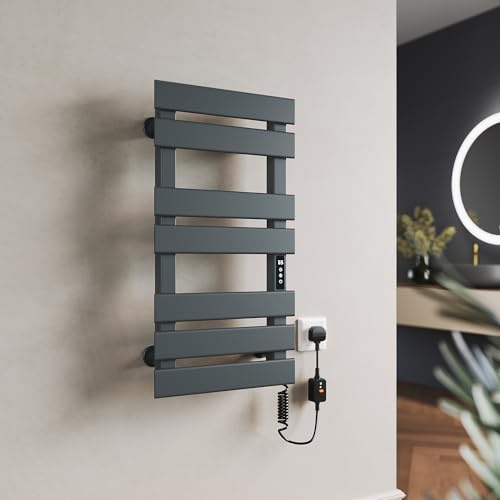 ELEGANT 300W Electric Heated Towel Rail with Smart WiFi & APP-Controlled, Wall-Mounted Carbon Fiber Drying Radiator with Timer & Display and Touch Screen for Bathroom, Anthracite 760 x 400mm