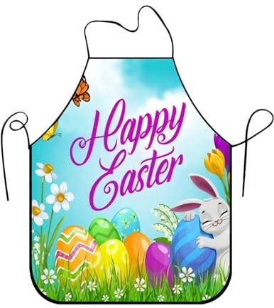 Spring Apron Adjustable Easter Cooking Smock | Bunny Egg Prints Floral Apron for Cooking Gardening Baking Painting Dishwashing Cleaning Artist Farm