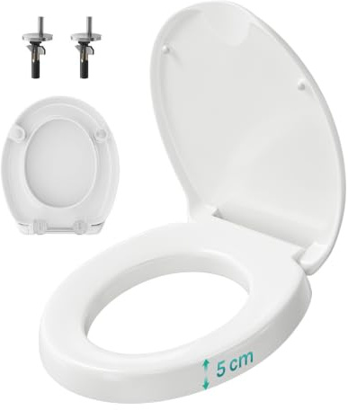 WOLTU Toilettensitzerhöhung, Toilettendeckel Erhöhung 5cm, WC Sitz mit Absenkautomatik O-Form, aus Duroplast, bis 300 kg belastbar, WC Sitzerhöhung für bequemes Sitzen, einfache Reinigung, Weiß