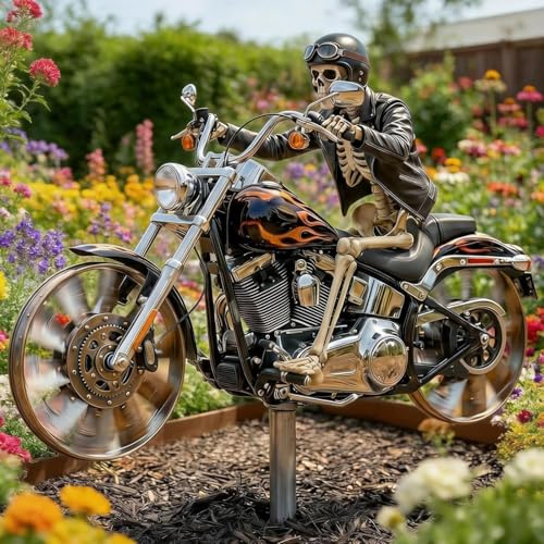 Skelett Motorrad Windspiel mit Drehbaren Rädern, Flammenreiter Windrad Motorrad Wetterfest für Garten, Motorrad Windrad, Einzigartiger Gartenspinner & Deko Geschenk für Motorrad-Liebhaber