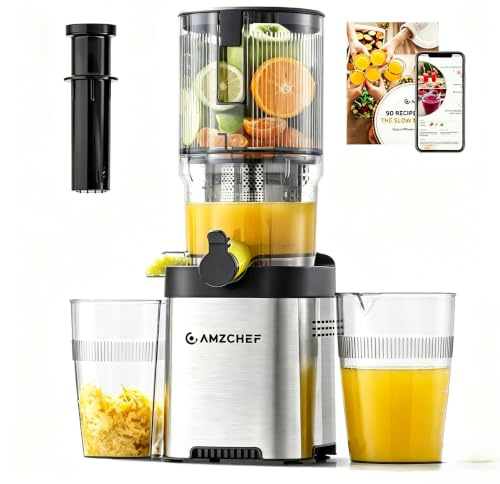 AMZCHEF Extracteur de Jus Fruits et Légumes, Goulotte 130mm Fruits Entiers | Extraction lente, filtre inox amovible et pièces faciles à nettoyer, pour fruits et légumes durs ou mous au petit-déjeuner