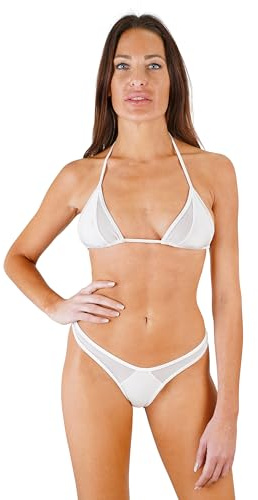 my sexy bikini - Triangel Bikini Bademode Damen - Bounty - DREI Teilen : (Brasilien + String + top) Bi-Material Weiß (Unter: 34/36 | BH: 1)