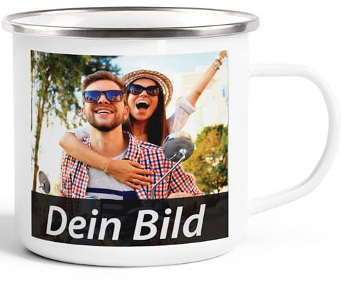 MoonWorks Emaille Fototasse, Tasse mit Foto und Text selbst gestalten, personalisierte Geschenke, Fotogeschenke Weiss-silber unisize