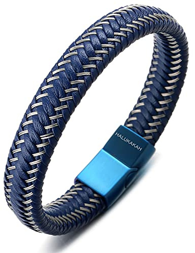 HALUKAKAH ● Jazz ● Herr Äkta Läder Armband Titan Magnetlås 8.5(21.5cm) med Gratis Presentbox(Segelblått 21.5cm)