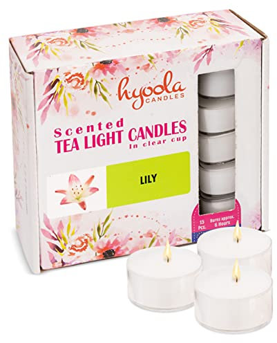 Hyoola Velas de Té Perfumadas - Velas Candelitas en Vaso Transparente - Velas Aromáticas con Aroma a Lirio - Blanco - 6 Horas de Combustión - Pack de 15 - Hechas en Europa