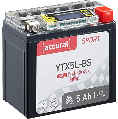 Accurat Motorradbatterie YTX5L-BS, Gel, 12V 5Ah, LCD-Anzeige, wartungsfrei | geeignet für Roller, zyklenfest, rüttelfest, Starterbatterie, Erstausrüsterqualität, vorgeladen