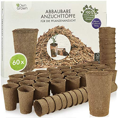 OwnGrown Macetas de Cultivo Biodegradable: Kit de 60 macetas de Cultivo para sembrar de Flores y Plantas de Fibra de Madera biodegradables para jardín