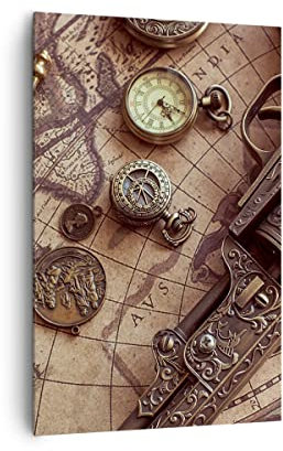 Wandbilder Dekoration Wohnzimmer Kartographie Vintage Kompass Bilder auf Leinwand 80x120cm Leinwandbild mit Rahmen Schlafzimmer Deko Wand Kunstdruck Art Groß XXL Wanddeko Bild Canvas PA80x120-4582