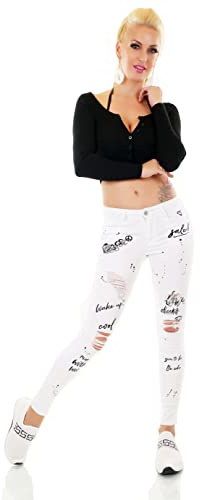 Zeralda Fashion Damen Jeans Hose Röhrenjeans Skinny Slim Fit Risse Fetzen Destroyed Look Schriftzug XS S M L XL (as3, Alpha, s, Regular, Regular, Weiß)