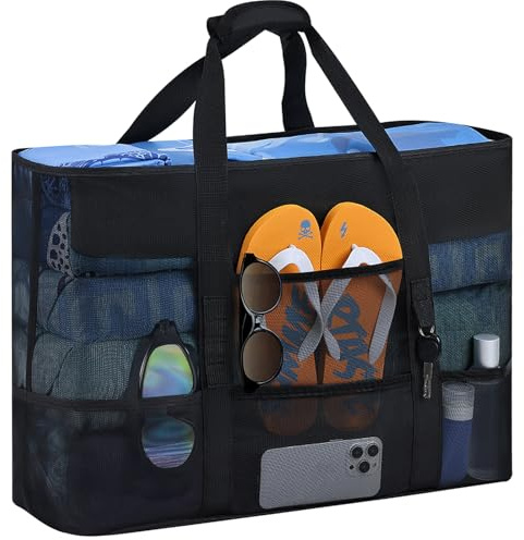 BBLIKE Sac de Plage Femme XXL - Grand Cabas Plage Homme, Beach Bag, Sac Cabas Plage, Panier de Plage Filles Multiples Poches Pliable Anti-Sable Sacs à BandoulièRe