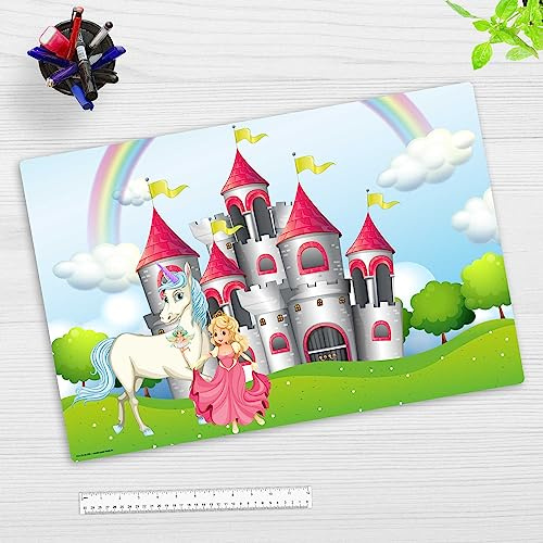 Schreibtischunterlage abwischbar für Kinder – Märchenschloss mit Einhorn und Prinzessin – 60 x 40 cm – aus hochwertigem Vinyl - Made in Germany