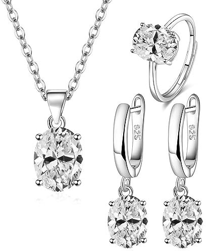 TOEECY Schmuckset für Damen und Mädchen Kristalle 925 Silber Versilbert Anhänger Halskette Ohrringe Ringe Set Schmuck Set Zirkonia Geschenk Brautschmuck(Weiß)