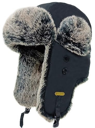 HEYANN Uschanka Trapper Russische Warme Mütze mit Ohrenklappen Fliegermützen für Herren Winter Bomber Hut Wintermütze Unisex Fliegermütze Fellmütze für Herren (L/XL, Schwarz-Schwarzjang)