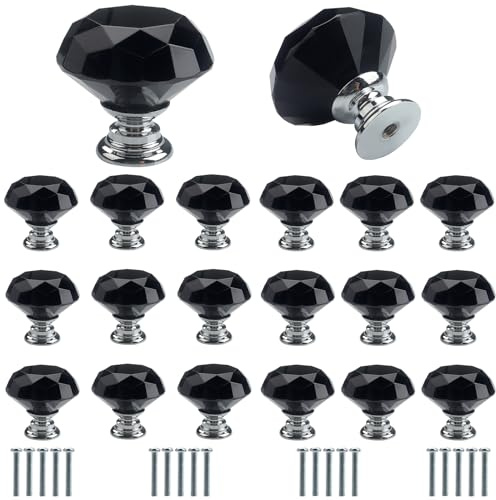 Roellgs 20 Stück 30 mm schwarze Kristallglas-Diamant-Türgriffe mit Schrauben, hochwertiger leichter Luxusgriff Kleiderschrank Schubladengriff Einzellochgriff Heimdekoration