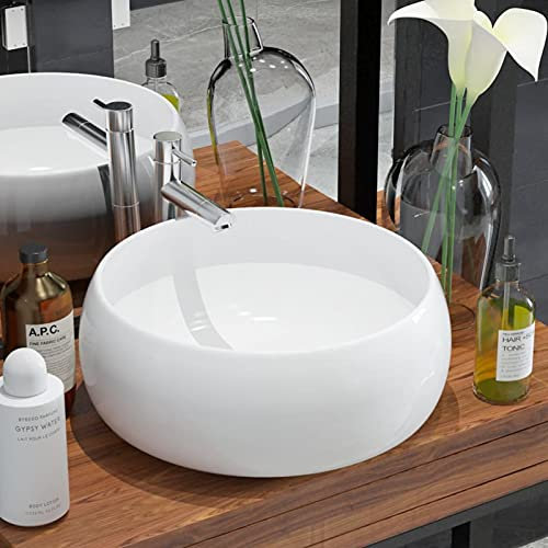 ADWOA Lavandino Rotondo in Ceramica Bianca 40 x 15 cm,Ceramica,Finitura Bianco Lucido - Lavandino Design Moderno Bacinella Lavamani Lavello Sanitari Bagno