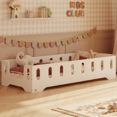smartwood Bodenbett 90x200 cm mit Rausfallschutz, Holz, Weiß, TILA 2B | Montessori Kinderbett, Lattenrost belastbar bis 230 kg, FSC-Zertifikat, abgerundete Kanten, Einfache Montage, ab 3 Jahren