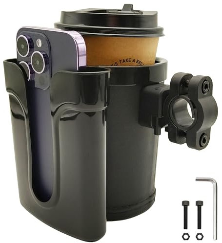 RYANGO Bike Cup Holder with Phone Keys Holder, Handlebar Water Bottle Cage for E-Bike, Scooter, Stroller, Wheelchair