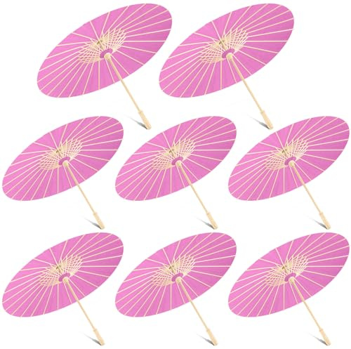 Sanwuta 8 Pcs 23.6 Inch Paper Parasol Umbrellas Chinese Japanese Handmade Oil Paper Sun Umbrella for Wedding Bridal Party Photo Props DIY Decor Garden Parties Tea Party Decorations(Pink)