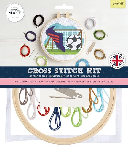 Simply MAKE Kit per punto croce, motivo calcio, per bambini e adulti, cerchio, filo da ricamo, artigianato per adulti, kit per principianti