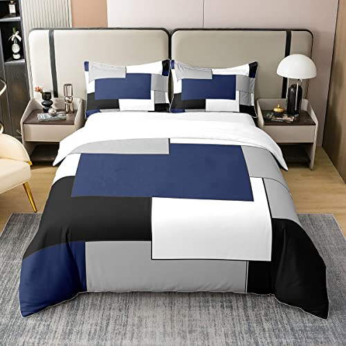 Homemissing Bleu Marine Géométrique 100% Coton Housse de Couette 220x240cm Moderne carré Parure de Lit Femmes Noir Gris Blanc Literie Set Géométrique Ensemble de lit avec 2 taie d'oreiller