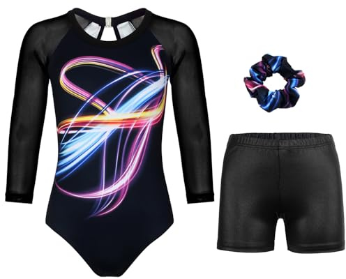 JOYSTREAM Gymnastics Leotards for Girls With Shorts Sparkly Ballet Dance Long Mesh Sleeve Sparkly Wave,12-13Years