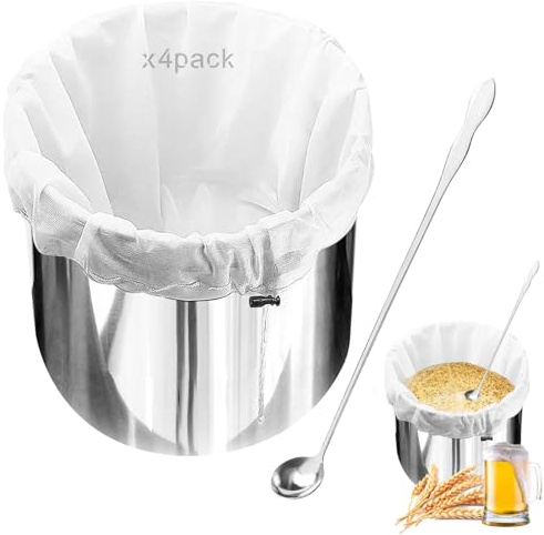 SNAIL GARDEN 4er-Set Nylon-Filterbeutel mit Edelstahllöffel – 4 Wiederverwendbare Filtertücher Pressbeutel Brew Bag (66x56cm) + 31cm Löffel für Brauen, Kochen & Filtern