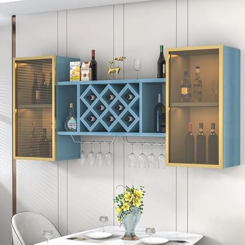 Estante de madera para copas de vino montado en la pared con luz LED, estante grande de exhibición para licor, solución de almacenamiento de bar, color azul, 120 cm