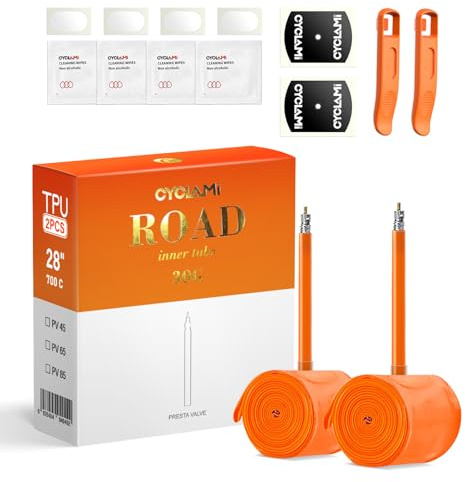 CYCLAMI Camera d'aria TPU Bici da Corsa 30g Ultraleggera Compatibile con 700Cx18/23/25/28/30/32C Valvola Presta 45mm/65mm/85mm (incluso kit per la riparazione) (2P-700c X 18-32c (85mm Valve))