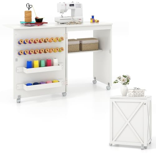 RELAX4LIFE Faltbarer Nähtisch, fahrbare Handwerksstation mit feststellbaren Rollen, Nähmaschinentisch mit Haken, Behälter & Schiebetür, platzsparender Nähmaschinen-Schrank für Zuhause (Weiß)