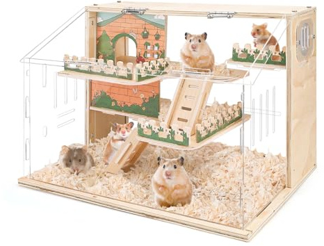 Holz Zwerghamster Lebensraum Groß Acryl Hamster Käfig Geräumiger Zwerg Rennmaus Käfig Premium Zwerghamster Lebensraum mit Ventilator (40x30x30cm)