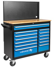 Högert Technik Werkstattschrank mit Wandpaneel, 13 Schubladen, 500 kg Tragkraft, TPR-Räder, abschließbar, robuste Konstruktion, ideal für Werkstätten und Garagen