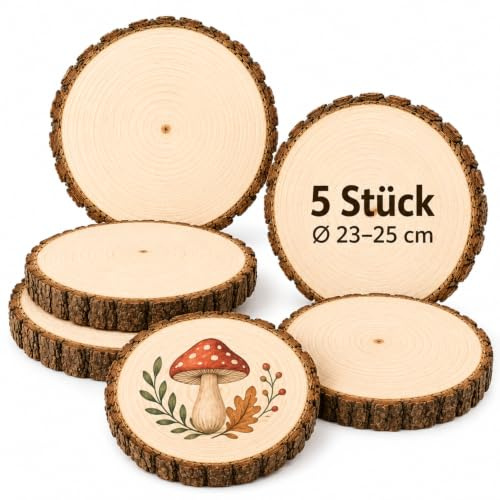 Truevaste 5er Set Holzscheiben 23-25 cm Ø, Große Runde Baumscheiben Natur ohne Loch 25 cm Durchmesser, 15 mm Dicke, Holzscheiben für Hochzeit, Tischdeko, Lasergravur & Rustikale Deko
