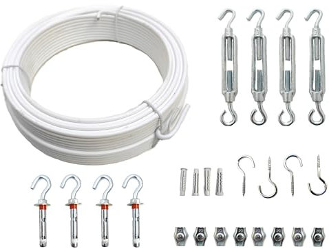 Quercos Spanndraht Set – 20m Weiß Ummanteltes Drahtseil mit Spannern & Metallankern – Kabel für Garten, Wäscheleine & Heimwerken – Wetterfest & Dekorativ