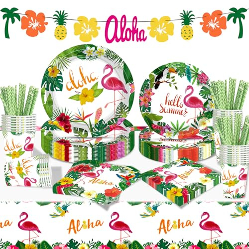 Moerstar Hawaiian Party Supplies, Hawaiian Tropical Flowers Tableware Set With Aloha Paper Plates Napkins Cups Tablecloth For Hawaii Luau Beach Summer Party Decorations (Style 3)